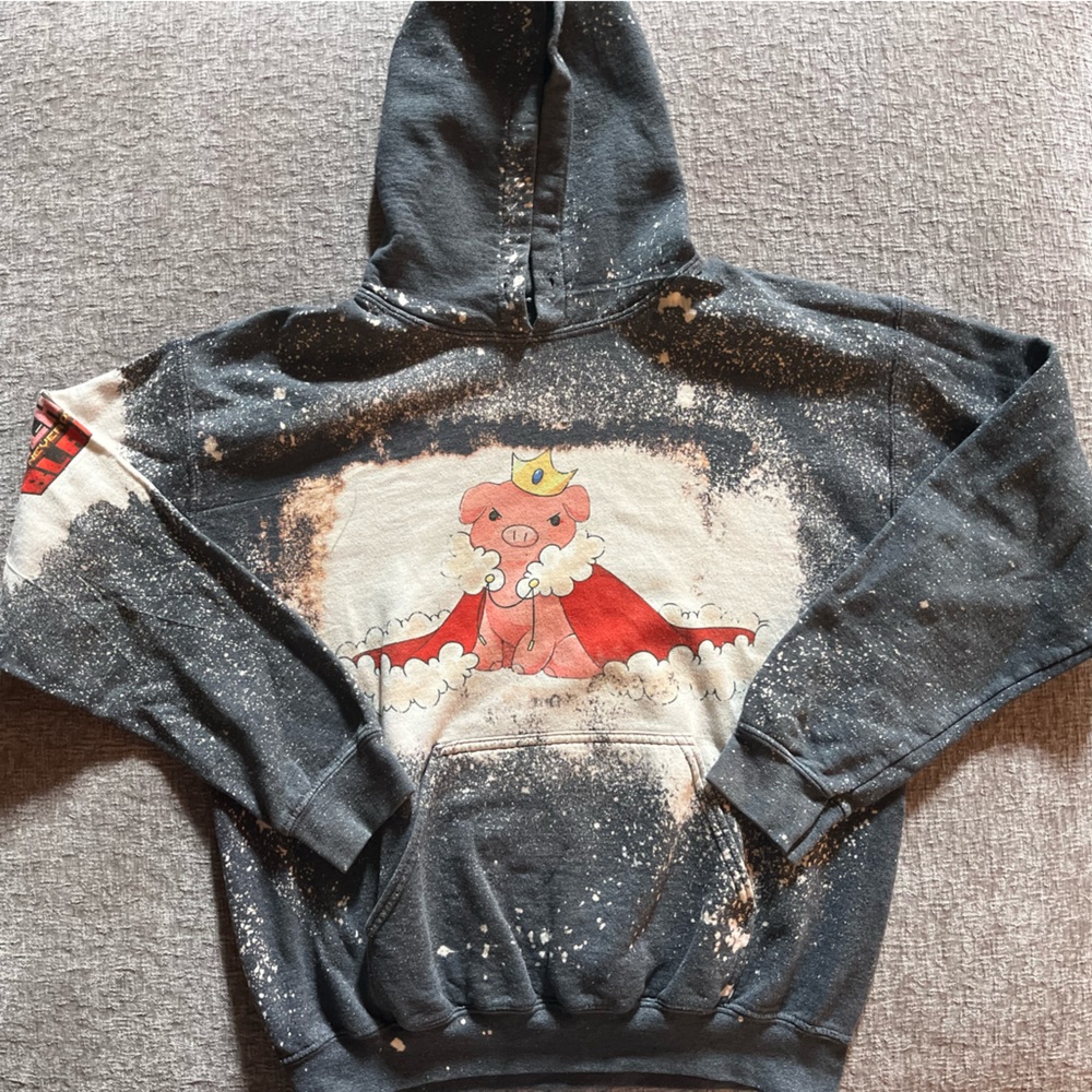 Black Pullover Hoodie with King Pig Graphic